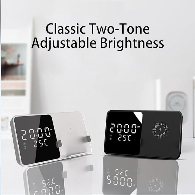 Multi-Function Wireless Charging Station with Digital Clock &amp Thermometer 15W Fast Qi-Certified Charger Alarm Clock Fixed Stand Compatible with All Qi-Enabled Phones-W5 White