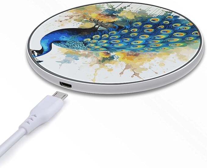 Peacock Watercolor Painting Wireless Charger Fast Wireless Charging Pad with USB Cable 10W Anti-Slip Magnetic Wireless Charger Portable Slim Charger Puck Travel Charging Station