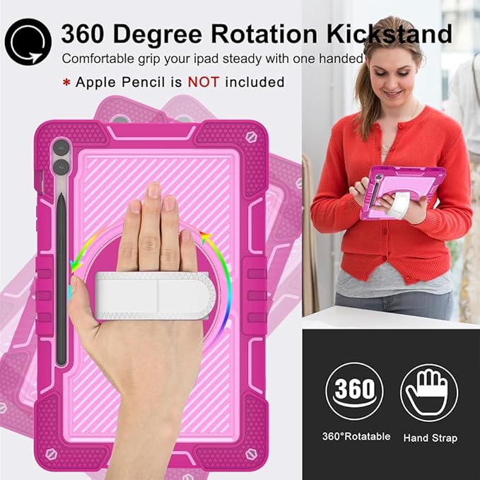 Shockproof Case for Samsung Galaxy Tab S10 Plus/S9+/S9 FE+ 12.4 Tablet Cover with Shoulder+Hand Strap Techcircle Heavy Duty Rotating Kickstand Rugged Defender Case Rose+Pink