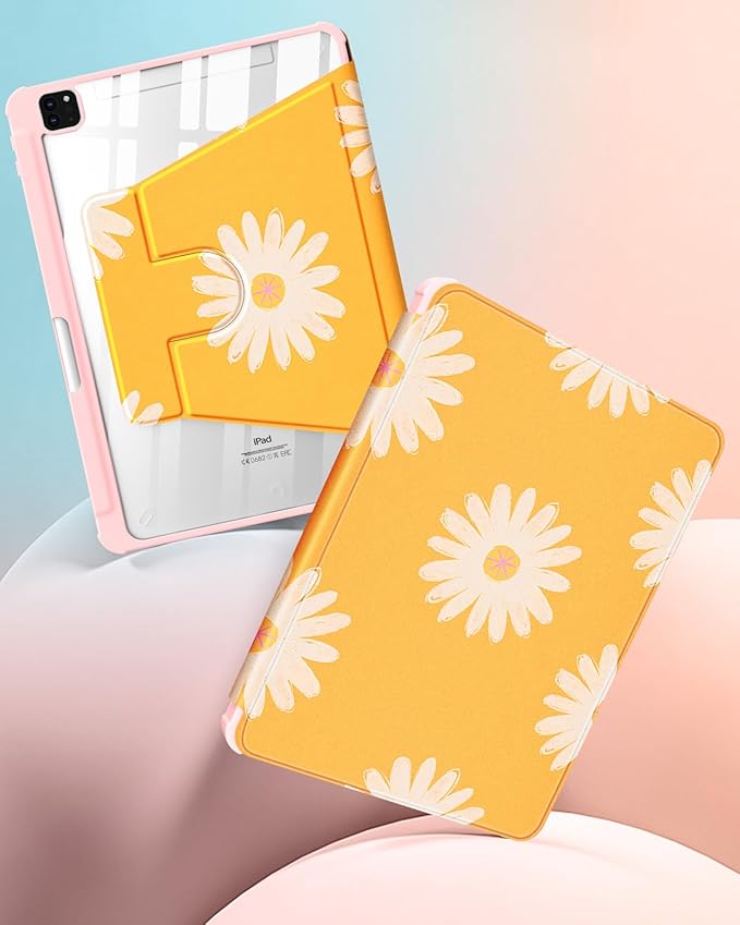 for iPad Air 11 inch Case Air 5th/4th Generation 10.9 Pro 11'' Case Women Girls for Apple Pencil Holder Girly Cute Yellow Flower Rotating Folio Cover for iPad Air 5/4 (2022/2020)/Pro 11