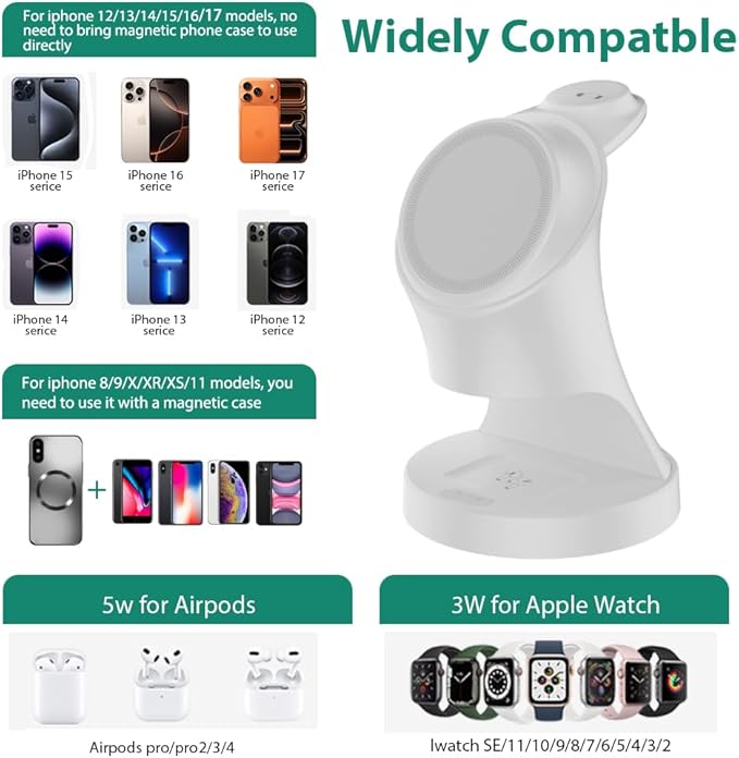 Wireless Charger3 in 1 Magnetic Wireless Charger Stand Fast Wireless Charging Dock for iPhone17/16/15/14/13/12 Series Apple Watch Series AirPods Pro.