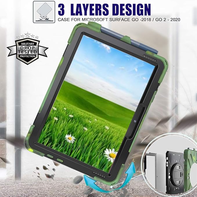 Tablet Case with 360 Rotating Strap and Stand Heavy Duty Protective Full Body Cover Compatible with Microsoft Surface Go 4/3/2/1 Camouflage