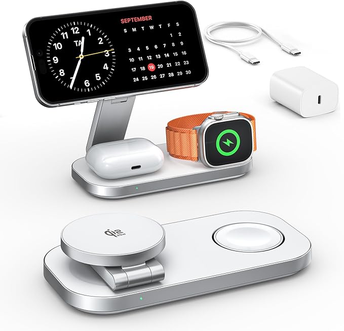 3-in-1 Charging Station for Apple Device Qi2 25W Certified Magnetic Wireless Foldable Fast Charger Stand Compatible with MagSafe for iPhone 17e/17/16/15/14/13/12/Air Series Apple Watch &amp AirPods