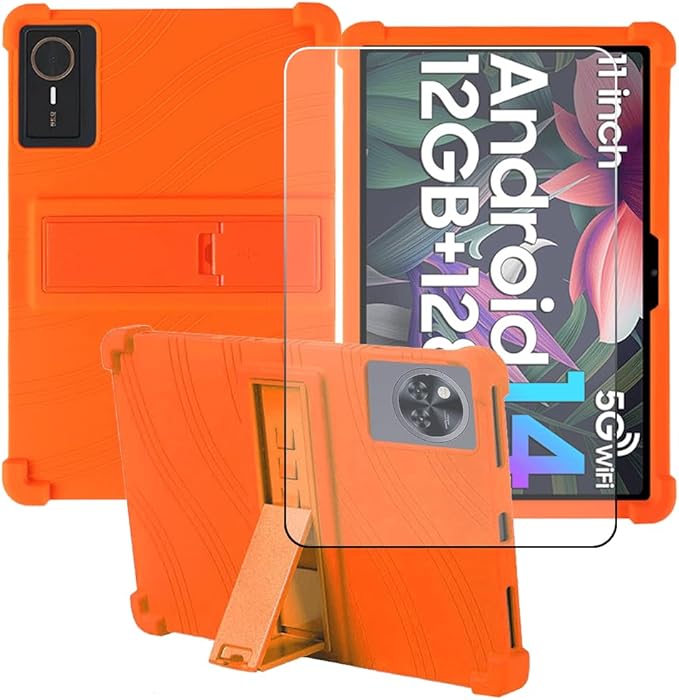 Compatible for ECOPAD T30 10.1 Inch Tablet Case + Screen Protector Tempered Glass Film Soft Silicone Full Coverage Adjustable Stand Protective Tablet Cover Orange