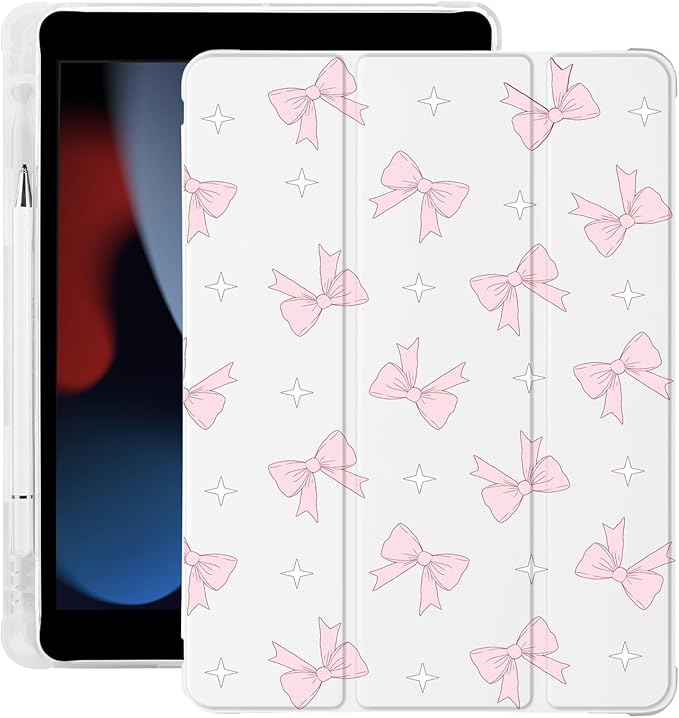 Cute Kawaii Pink Bow for iPad 7th/8th/9th Generation Case with Pencil Holder Auto Sleep/Wake White Leather Soft TPU Back Cover for iPad 10.2 Inch 2019/2020/2021