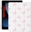 Cute Kawaii Pink Bow for iPad 7th/8th/9th Generation Case with Pencil Holder Auto Sleep/Wake White Leather Soft TPU Back Cover for iPad 10.2 Inch 2019/2020/2021