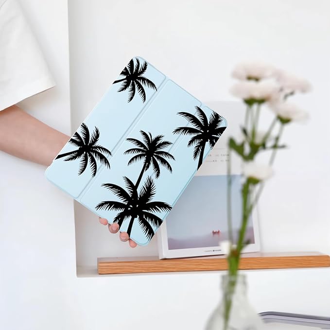 Black Palm Tree for iPad Pro 12.9 Inch Case 5th/6th Generation 2022/2021/2020 with Pencil Holder Auto Sleep/Wake Blue Leather Soft TPU Back Cover
