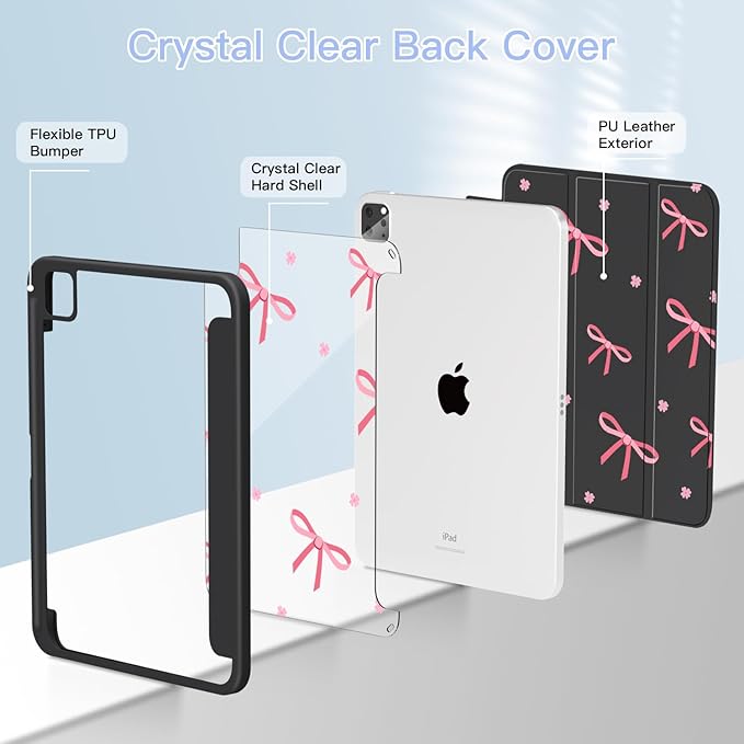 Teryeefi for iPad Air 11-Inch Case M3 (2025) / M2 (2024) iPad Air 4th/5th 10.9 Inch iPad Pro 11 4th/3rd/2nd/1st Generation - Clear Back Cover with Pencil Holder Auto Wake/Sleep (Black Bows)