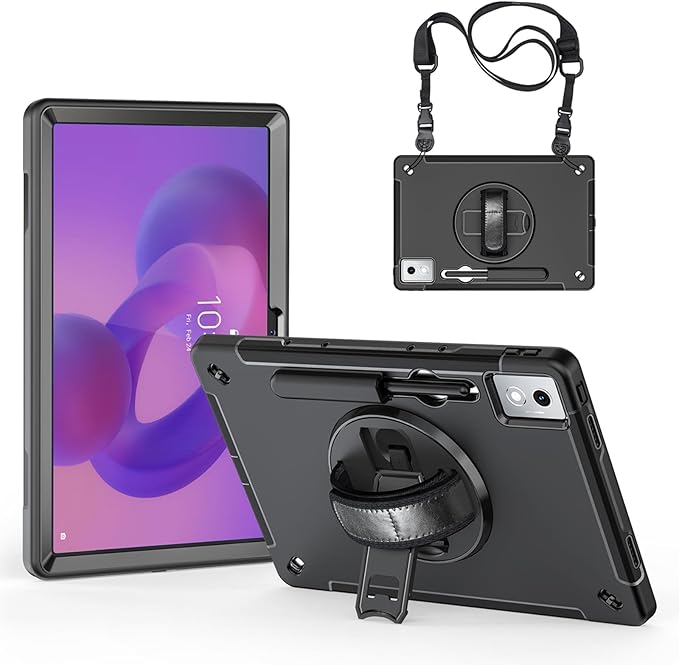 Junfire Protective Case for Lenovo Idea Tab Pro 12.7 inch 2025 Shockproof Idea Tab Pro (TB-373FU/TB-375FC) Case with 360°Rotating Kickstand/Hand Strap/Shoulder Strap/Stylus Holder-Black