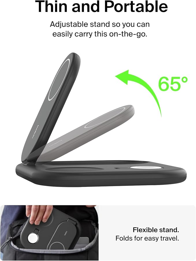Belkin 3-in-1 MagSafe-Compatible iPhone Charger - Foldable Magnetic Qi2 Certified MagSafe Charging Station for Phone Apple Watch AirPods - Wireless for Multiple Devices