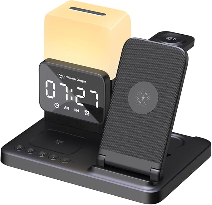 M.A.D LAB Nightstand Charging Station - Charging Station for Multiple Devices with Alarm Clock and Night Light Wireless Fast Charger for iPhone Android Phones AirPods &amp Apple Watch (No Adapter)