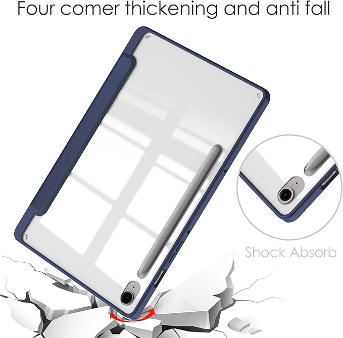 for Samsung Galaxy Tab S10 Lite/ S10 FE/ S9 FE 10.9 Inch Tri-Fold Smart Tablet Case with Pen Holder Shockproof Protective Cover W Transparent Back Shell Auto Wake/SleepBlue