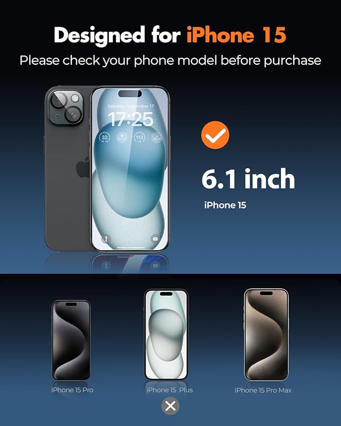 UNBREAKcable iPhone 15 Screen Protector 3-Pack 3 Tempered Glass + 3 Camera Lens Protectors 9H Hardness HD Clarity Anti-Fingerprint Case Friendly 6.1 Inch