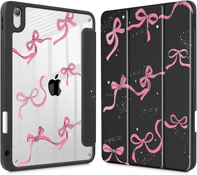 May Chen Case for iPad Air 13 Inch M4 2026 M3 2025 M2 2024 [Built-in Pencil Holder] Shockproof Cover with Clear Transparent Back Shell Auto Sleep/Wake Cover Black Bows