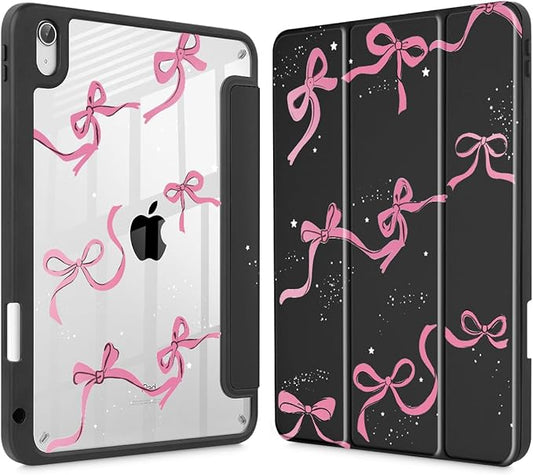 May Chen Case for iPad Air 13 Inch M4 2026 M3 2025 M2 2024 [Built-in Pencil Holder] Shockproof Cover with Clear Transparent Back Shell Auto Sleep/Wake Cover Black Bows