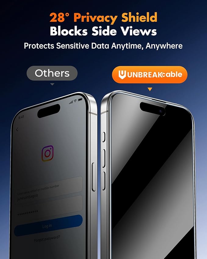 UNBREAKcable Privacy Screen Protector for iPhone 16 Pro 3 Pack Full Coverage Tempered Glass [28° Anti-Spy] [9H Hardness] [Easy Installation Box] Shatterproof Private Screen Guard