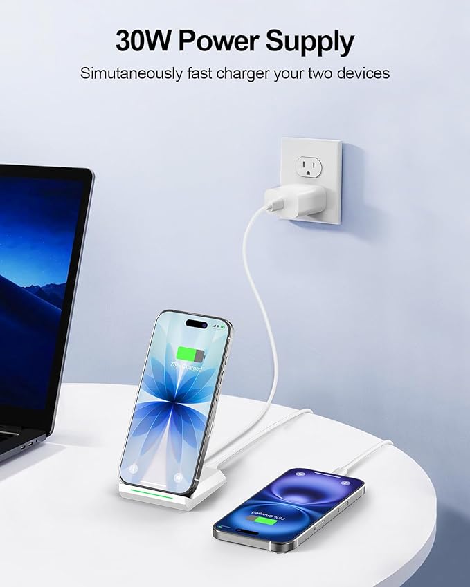 Fast Wireless Charging Stand Equipped with PD 30W Adapter High Speed Universal Charger with Extra USB-A Port Compatible with iPhone 17/16/15/14/13/12/11 for Samsung Galaxy S26/S25/S24/S23/S22