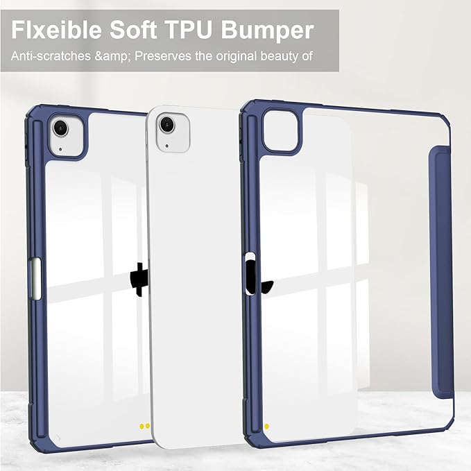 Stand Case for iPad Air 13 inch M2 (2024) with Clear Transparent Back &amp Soft TPU Shockproof Frame Cover [Built-in Pencil Holder] [Auto Sleep/Wake] Smart Lightweight Trifold Shell Dark Blue