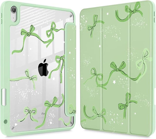 Tuiklol Case for iPad 11 inch (A16 Chip) 2025 Gen 11th / iPad 10.9 inch 2022 10th Gen Buit in Pencil Holder with Shockproof Cover Clear Transparent Back Shell Auto Wake/SleepBow-Green