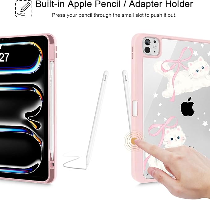 May Chen Case for iPad Pro 11-Inch M5/M4 2025/2024 (6th/5th Generation) Clear Transparent Print Back Shell Slim Stand Shockproof Tablet Cover Auto Wake/Sleep Bowknot Kitten
