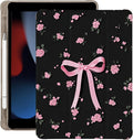 Cute Pink Bow Floral for iPad 7th/8th/9th Generation Case with Pencil Holder Auto Sleep/Wake Black Leather Soft TPU Back Cover for iPad 10.2 Inch 2019/2020/2021