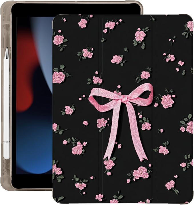 Cute Pink Bow Floral for iPad 7th/8th/9th Generation Case with Pencil Holder Auto Sleep/Wake Black Leather Soft TPU Back Cover for iPad 10.2 Inch 2019/2020/2021