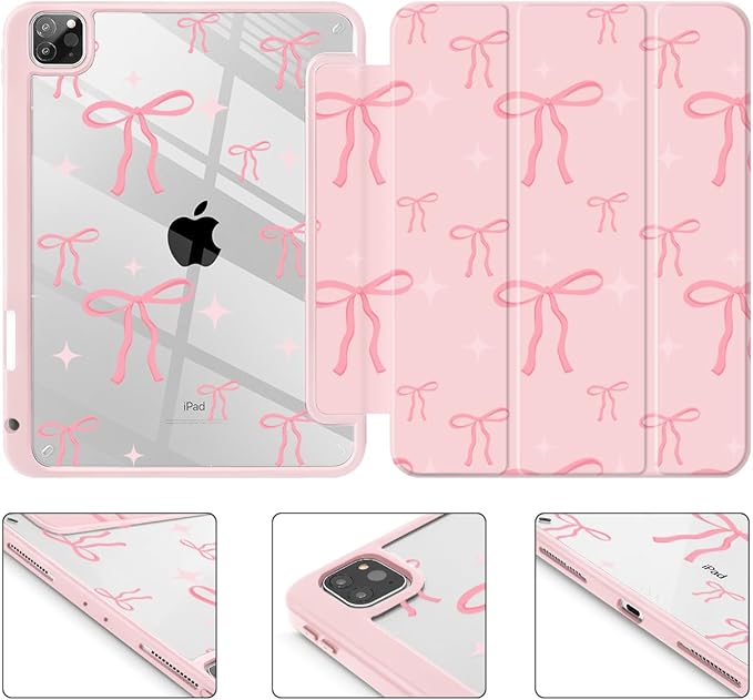 May Chen for iPad Pro 11 inch M2 4th Generation 2022 iPad Pro 11 3rd/2nd/1st Gen Case with Transparent Shockproof Back Cover [Built-in Pencil Holder Auto Sleep/Wake Pink Bows P721