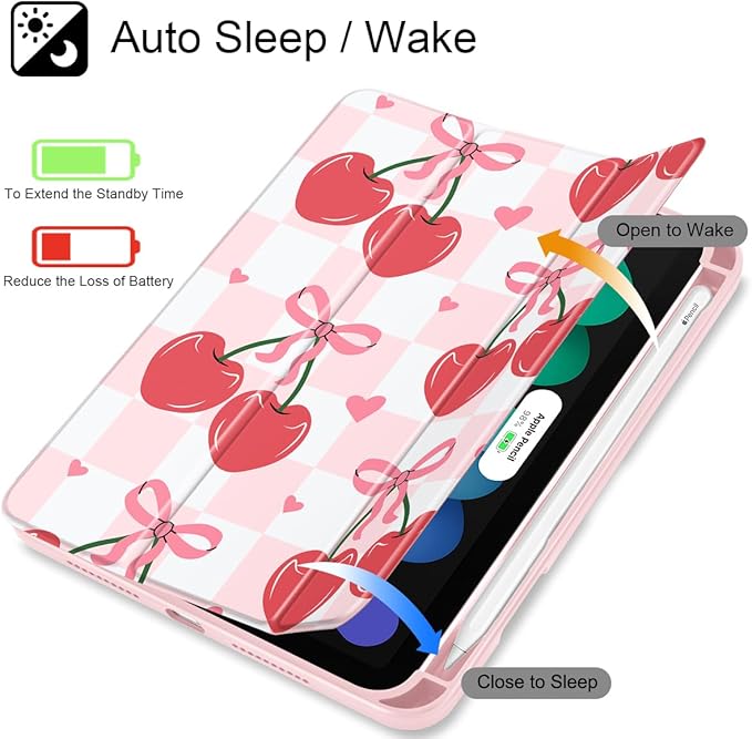 Mektron Printed Case for iPad mini 7 (A17 Pro) 2024/ Mini 6 2021 iPad mini 7th/6th Generation 8.3-inch Liquid Retina Display Cover Buit in Pencil Holder with Clear Back Shell Cherries Bows C353