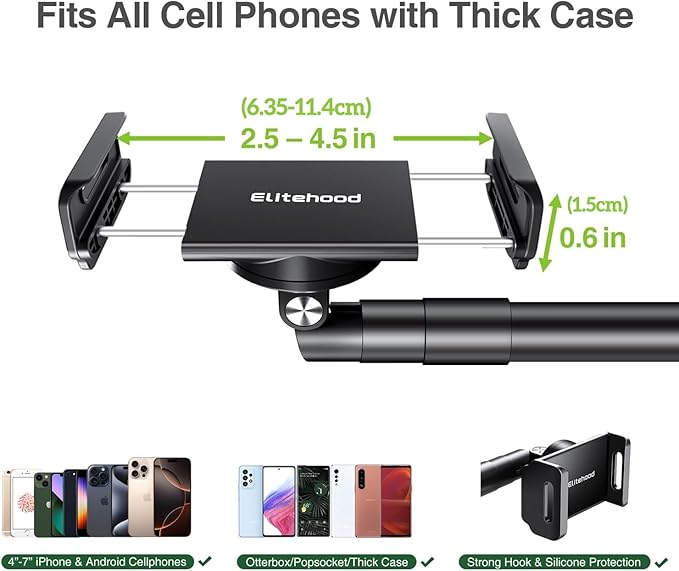 elitehood Heavy Duty Aluminum Overhead Phone Stand 15 in Long Arm iPhone Holder for Video Recording 360 Degrees Swivel Tilt Overhead Phone Mount for Filming Meeting Cooking Painting and Crafting