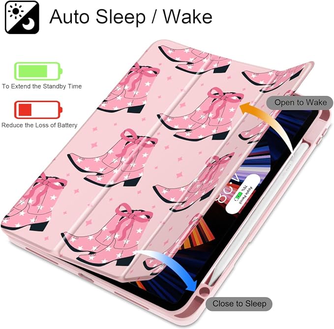 May Chen Case for iPad Pro 11-Inch M5/M4 2025/2024 (6th/5th Generation) [Penceil Holder] Trifold Stand Auto Wake/Sleep Clear TPU Protection Back Cover Pink Boots Bows