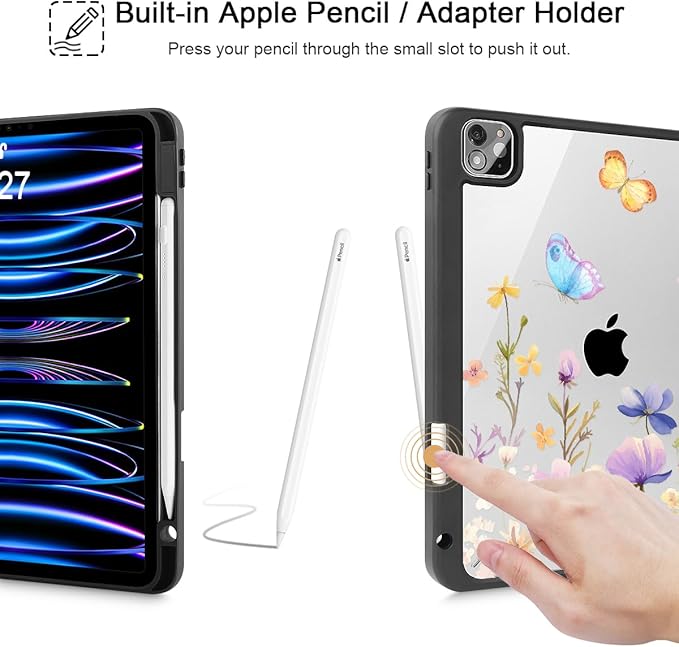 Tuiklol for iPad Pro 11 Inch Case M2 2022 Generation 4th -Built-in Pencil Holder Shockproof Cover Clear Transparent Back Shell Fit for iPad 11’’ 2021 2020 2018 Gen 3rd/2nd/1st for Kid Purple Flower