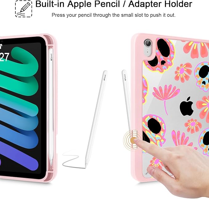 Mektron Printed Case for iPad mini 7 (A17 Pro) 2024/ Mini 6 2021 iPad mini 7th/6th Generation 8.3-inch Liquid Retina Display Cover Buit in Pencil Holder with Clear Back Shell Skull &amp Flowers Pi