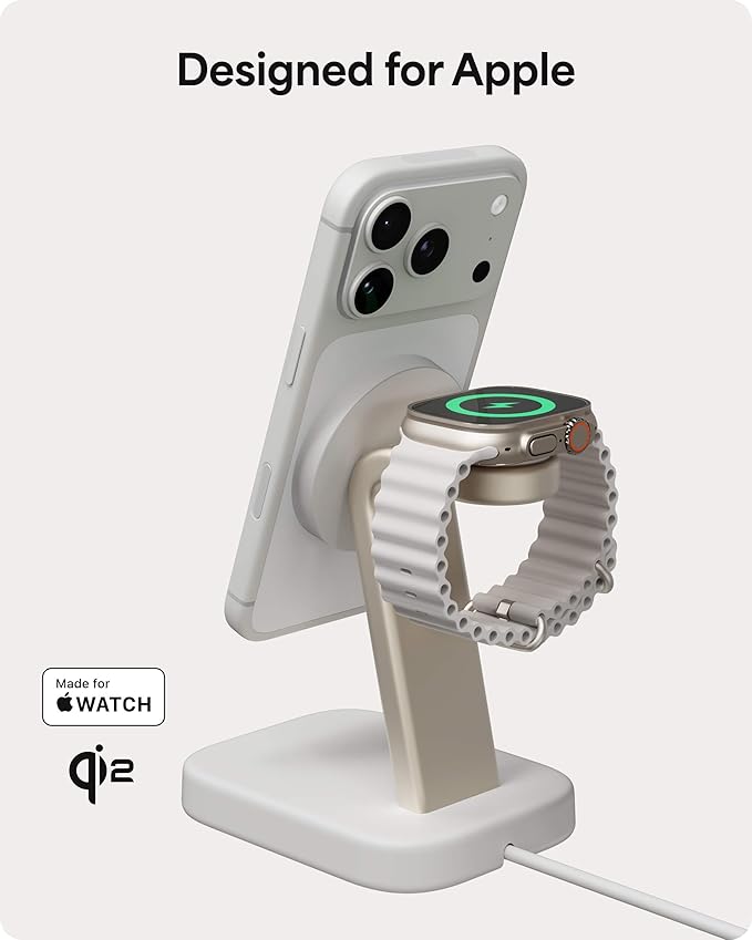 Mophie 2-in-1 Wireless Charging Stand - Qi2-Certified MagSafe Charger for iPhone &amp Apple Watch – Fast Charging Station with Adjustable Phone Stand &amp Cable Management – Up to 15W Power