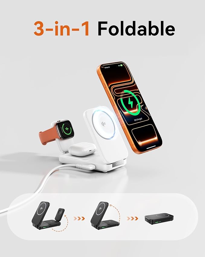 INIU Foldable Magnetic Wireless Charger Qi2 Certified 3-in-1 Travel Charging Station with 15W Fast Charge - Compatible with Mag-Safe for iPhone 17/16/15 Series Apple Watch AirPods (White)
