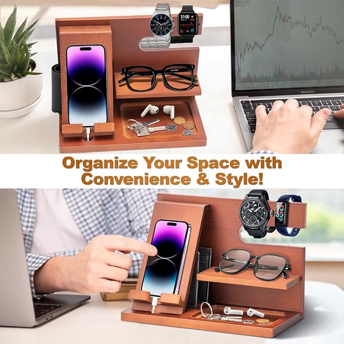 Wood Phone Docking Station - Gifts for Men Desk or Nightstand Organizer - Birthday Gifts for Husband Fathers Day for Dad - Anniversary Idea from Wife - Key Holder Stand Wallet Watch &amp Essential