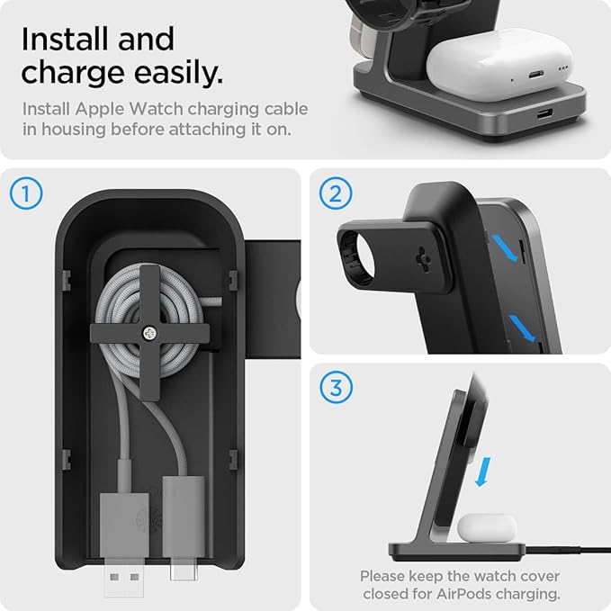 Spigen for 3 in 1 Charging Station Qi2 MagSafe Charger Stand 15W Compatible with iPhone 17/16/15/14/13/12 Apple Watch Ultra 3/2/1 Apple Watch 11/10/9/8/7/6/5/4/3/2/1/SE AirPods Pro 3/2/1 AirPods 4/3