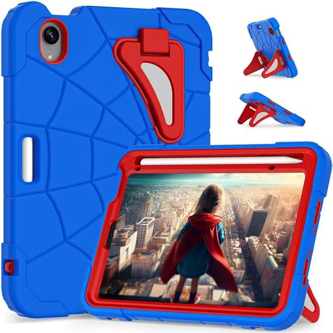 Kids Case for iPad mini 7 A17 Pro 2024/ Mini 6 8.3 inch Spider Case for iPad mini 7th 6th Generation Shockproof Durable Full Protective Cover with Pencil Holder Kickstand (Blue+Red)