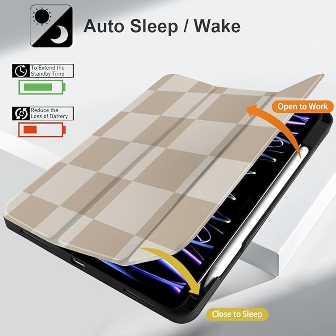 DONGKE Case for 2022/2021/2020/2018 iPad Pro 11 inch Gen 4/3/2/1 - Slim Protective Case - Built in Pencil Holder Support Charging - Trifold Stand &amp Sleep/Wake Cover- Beige Chessboard