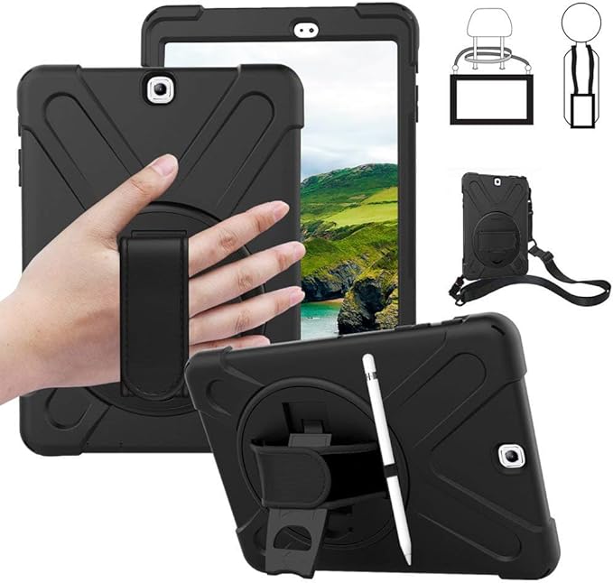 Galaxy Tab S2 9.7 Case - Dropproof Shockproof Heavy Duty Tablet Cover Rotatable Kickstand Handle Stand Hand Strap Shoulder Belt Carrying Case for Samsung SM-T810/T813/T815/T817/T818/T819 9.7 Black