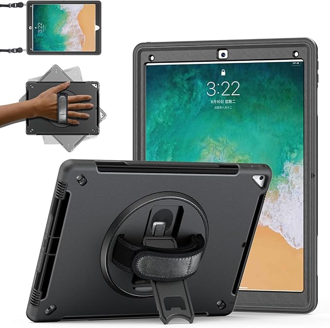 Case for iPad Pro 12.9 2nd Generation 2017 &amp 2015 1st GenerationHandheld Protective Cover Thick and Durable TPU Protective Shell with Screen Protector - Stand - Strap - Black