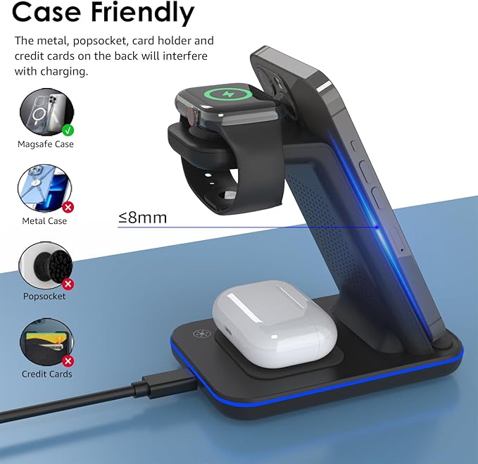 Minthouz Wireless Charger 3 in 1 Fast Wireless Charging Station with 20W Adapter for Multiple Devices Apple Watch AirPods Wireless Charger Stand Compatible with iPhone 14/13/12/11 Series