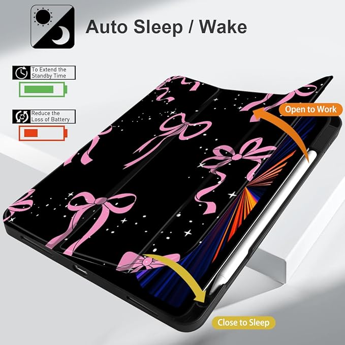 DONGKE Case for 2022/2021/2020/2018 iPad Pro 11 inch Gen 4/3/2/1 - Slim Protective Case - Built in Pencil Holder Support Charging - Trifold Stand &amp Sleep/Wake Cover - Bows &amp Stars