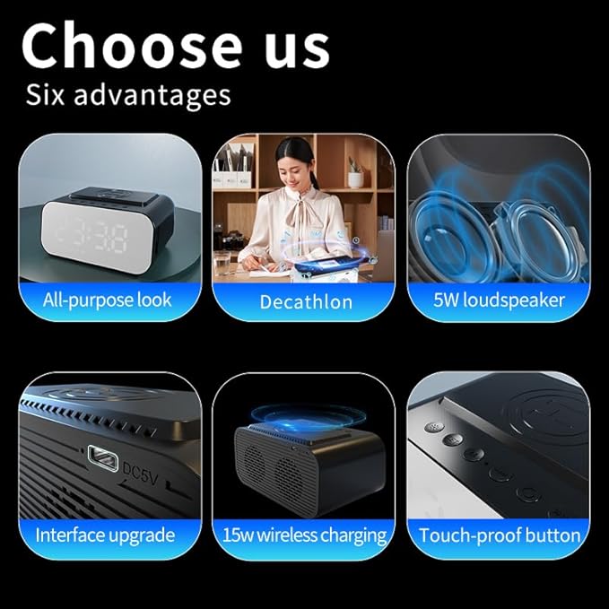 Multifunctional Wireless Charging Station with Bluetooth SpeakerDigital Alarm ClockFM RadioHD Display &amp Smart Noise-Cancelling Mic–Adjustable BrightnessCharge While ListeningBT510 White.