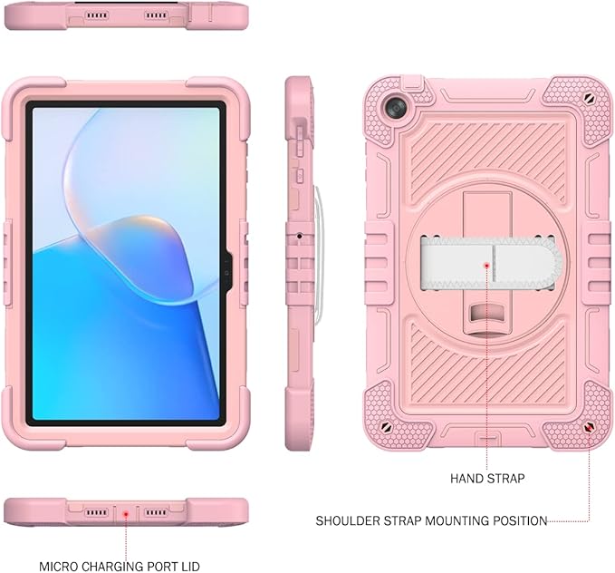 Tablet Case for Huawei MatePad SE 10.4 inch Tablet Shockproof Cover with 360° Rotating Stand and Wrist Strap Shoulder Strap Pink Gold