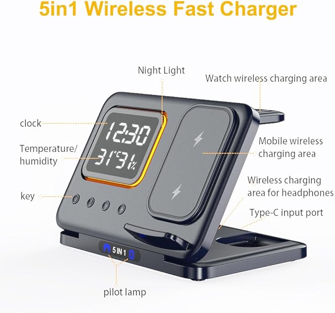 AYI 5in1 Multi Functional Wireless Charging Station with Digital Clock 15W Fast Charge Night Light Temperature Humidity Monitor Wireless Charger for All Qi Phone TWS Headphone and Apple Watch-White