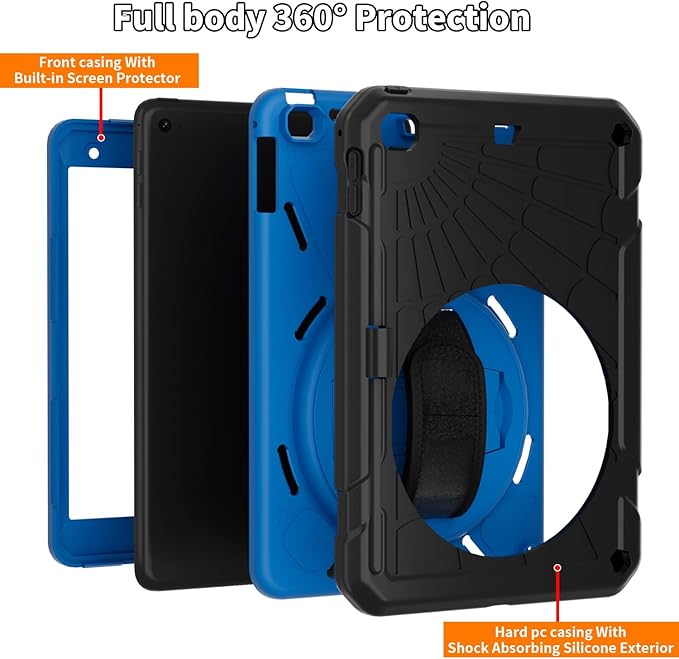 Case for iPad mini 5/4 with Screen Protector Pencil Holder [360 Rotating Hand Strap] &amp Stand Drop-Proof Case for iPad mini 5th/4th Generation 7.9 inch(Black+Sky Blue)