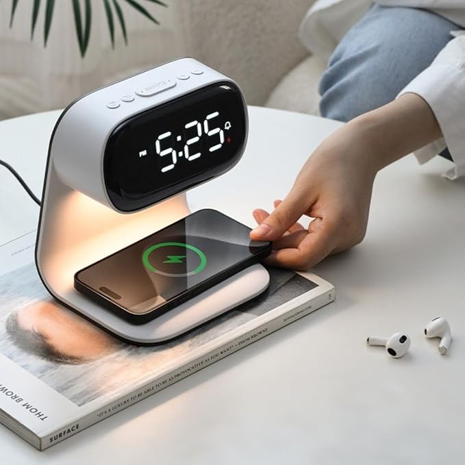 3in1 Multi-Functional Wireless Charging Alarm Clock Smart Night Light Qi Charger LED Digital Clock Adjustable Light 15W Fast Wireless Charging for All Qi Phone and TWS Headphone White