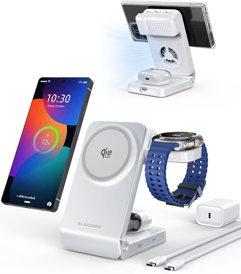 Wireless Charger for Samsung – 25W Magnetic Qi2 Charger with Active Cooling &amp 45W Adapter 3 in 1 Foldable Charging Station for Samsung Galaxy S26 Ultra Galaxy Watch 8 &amp Buds4 for Android De
