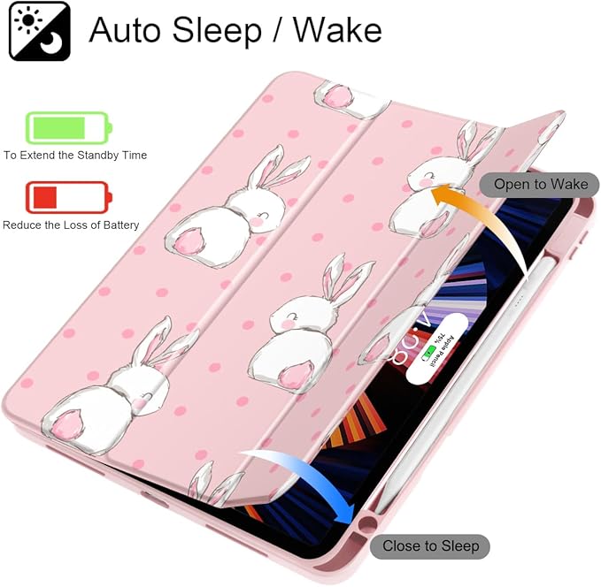 May Chen Case for iPad Pro 11-Inch M5/M4 2025/2024 (6th/5th Generation) [Penceil Holder] Trifold Stand Auto Wake/Sleep Clear TPU Protection Back Cover Cute Rabbit
