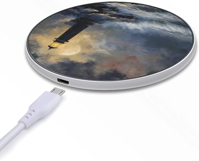 Night Lighthouse Waves Moon Fast Portable Charger 10W Funny Graphic Phone Charging Pad with USB Cable